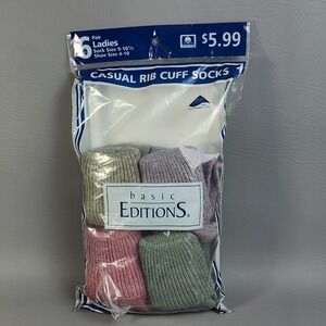 Vintage Basic Editions Rib Cuff Crew Socks Womens 4 Pairs Dark Pastel Kmart